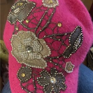 Pink Embellished Floral Wool Beret